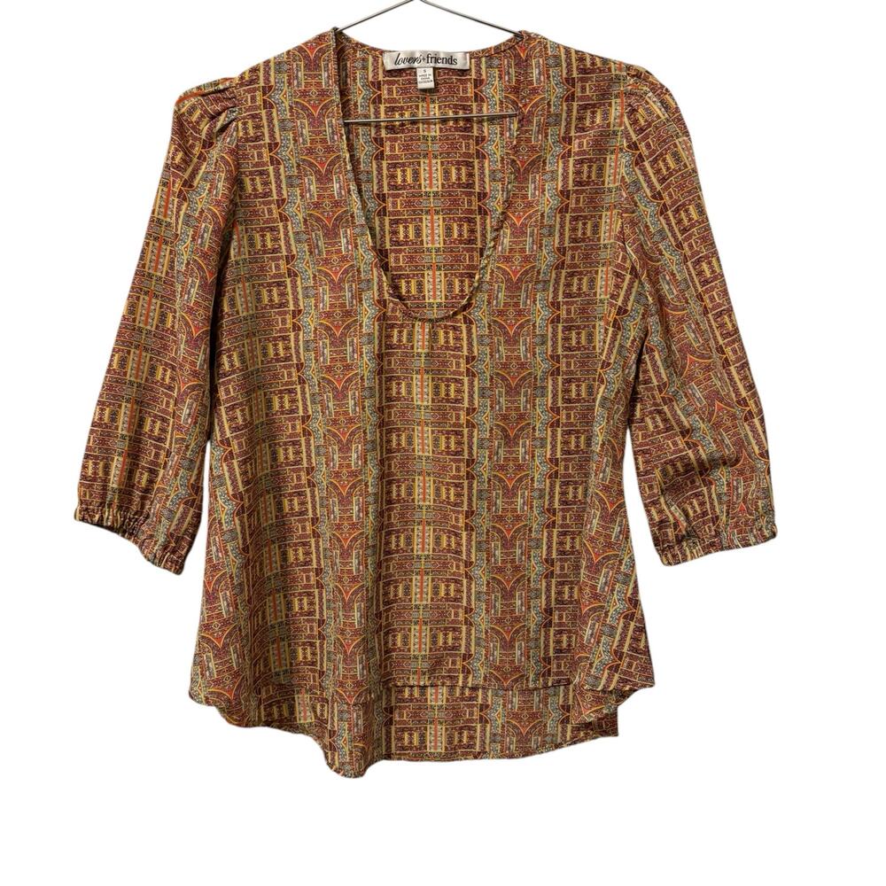 Lovers and Friends Mixed Print V Neck, 3/4 Sleeve Rounded Hem Blouse S